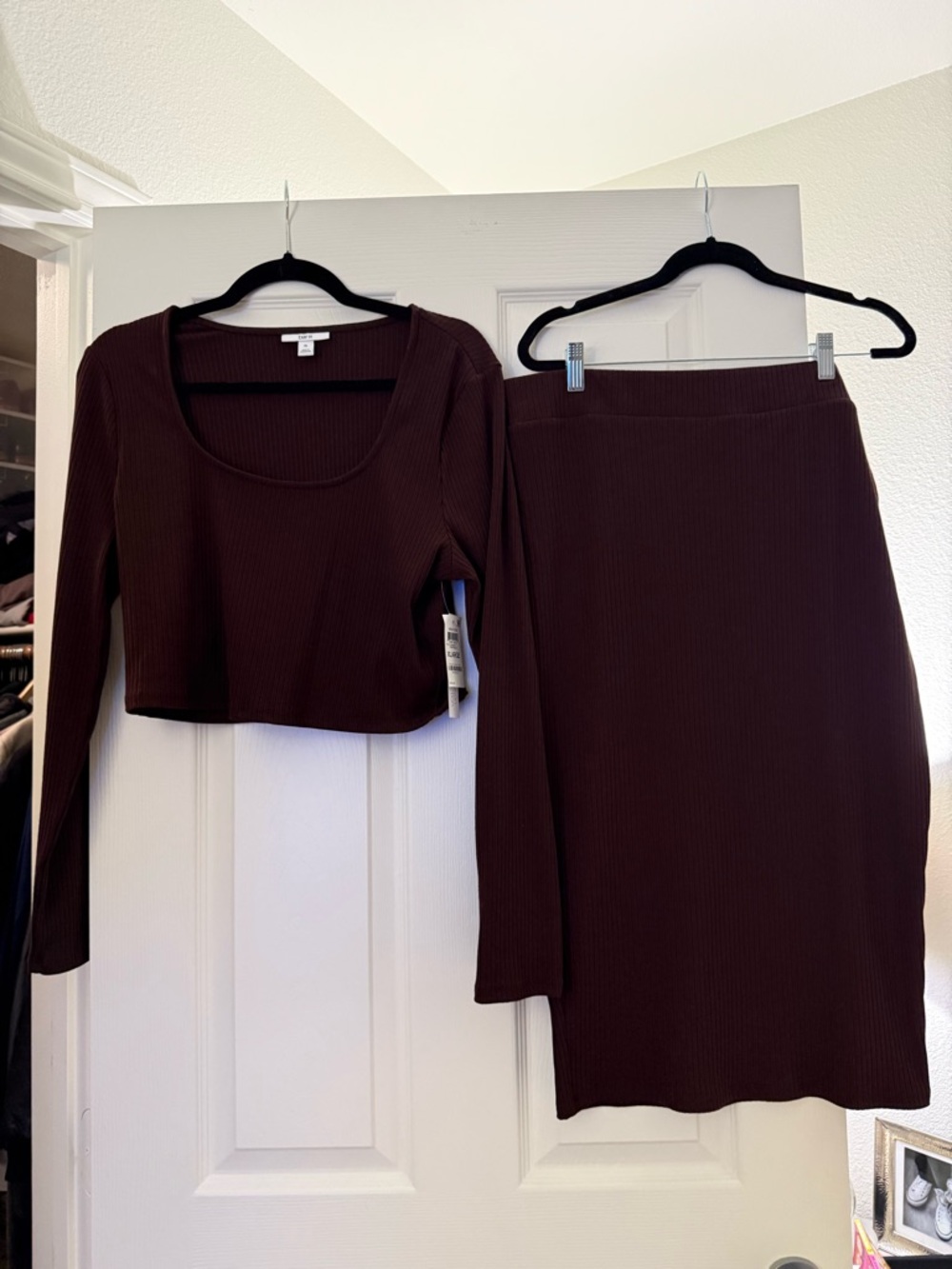 Bar III Ribbed Crop Top & Midi Skirt Set - Brown